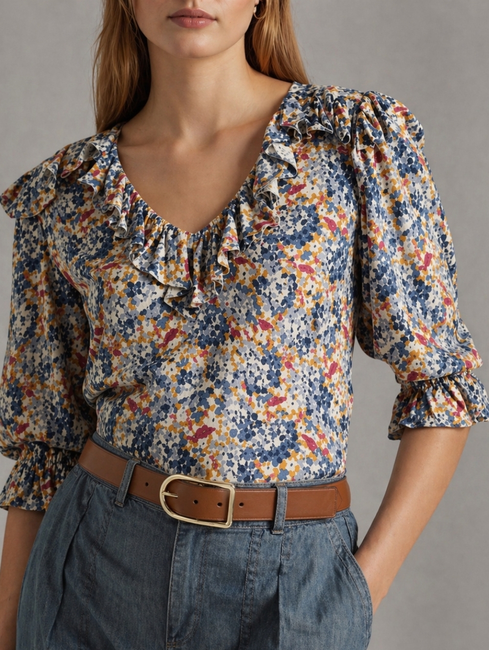 Ralph Lauren Floral Ruffle Blouse Linen Blend XL Old School Cool 90s Vibe